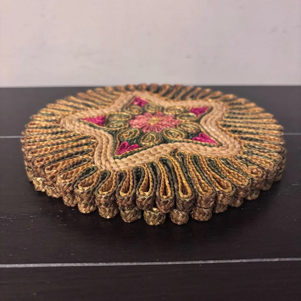 Vintage MCM Woven Straw Trivets Retro Set of 2 Star Floral‎ Boho 7.5